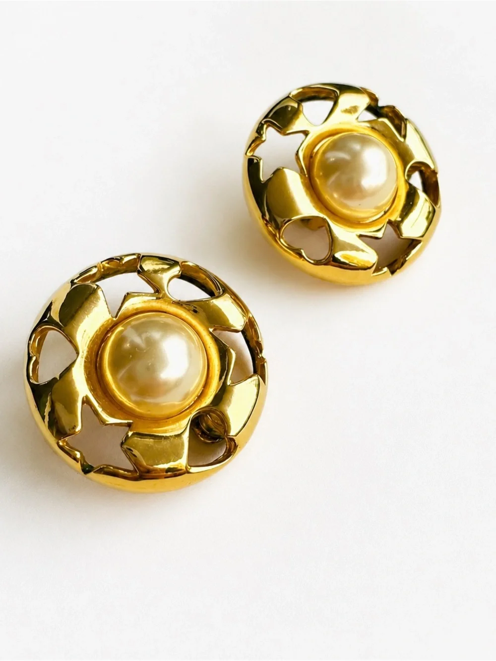 Vintage Gold Tone & Faux Pearl Clip-On Earrings | 1980s Statement Jewelry